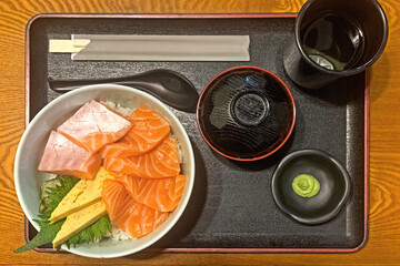 Top closeup of Japanese restaurant food sushi and eggd