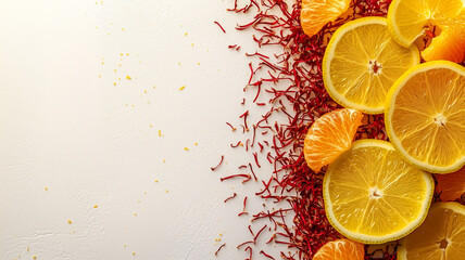 Fresh citrus fruits and saffron on white background create vibrant display