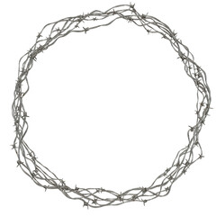 Circular Barbed Wire Design: A circular design element made of barbed wire, isolated on a transparent background.