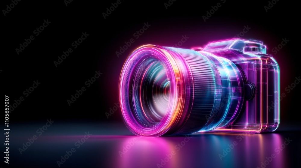 Poster neon camera with lens on a black background with a reflection.