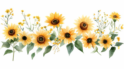 Naklejka premium Watercolor Sunflowers and Wildflowers Horizontal Arrangement on White Background
