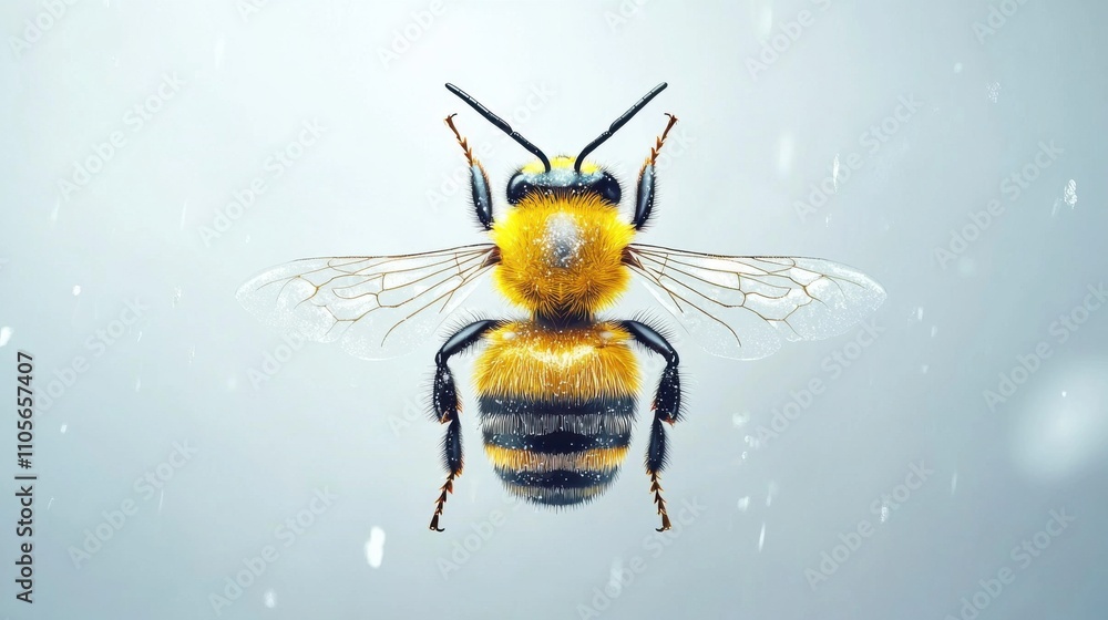 Poster close up macro shot of a striped buzzing bee pollinator insect with fuzzy body and wings spreading i