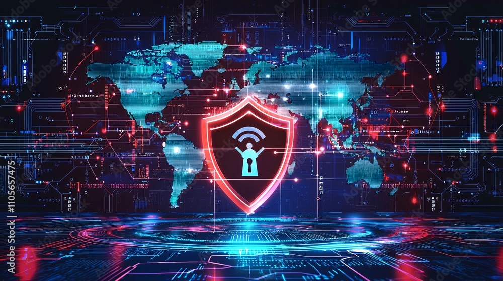 Poster A global map with secure data points illustrating cybersecurity across international networks Stock Photo with side copy space
