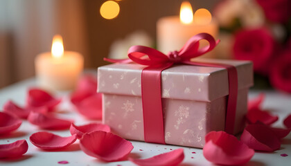 Obraz premium Celebrating Women's Day, an elegant gift box tied with a satin ribbon, stands on a table surrounded by scattered rose petals