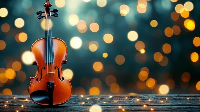 Violin rests on wood bokeh lights create festive backdrop, generative ai
