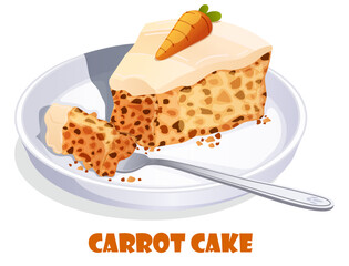 Carrot Cake Slice in Plate with Fork. Cream Cheese Frosting and Marzipan Carrot on Top