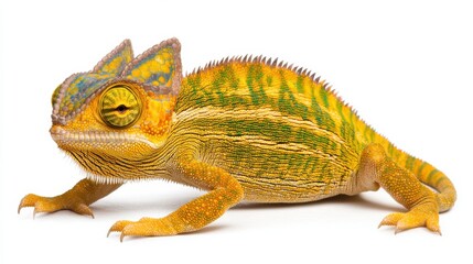 Obraz premium Vibrant Chameleon Reptile Perched on Branch with Colorful Camouflage Pattern Texture