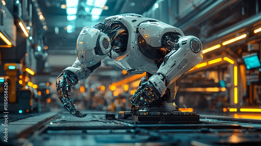 Aufkleber an ai-powered robotic arm demonstrating efficiency in a modern industrial setting stock photo with s