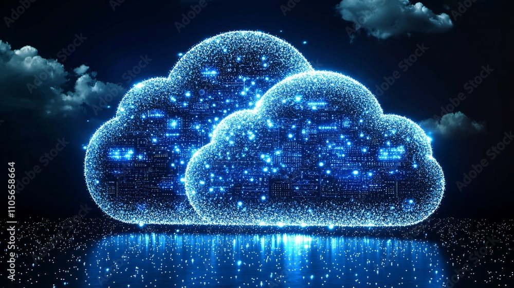 Aufkleber A sleek data center illuminated by glowing LED lights representing cloud computing and AI solutions Stock Photo with side copy space