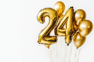 Fototapeta premium Golden balloons, prominently featuring the number 24, set against a clean white background. The arrangement highlights festivity and elegance with a modern twist.