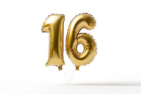 This image features two golden balloons shaped as the number 16, floating gracefully against a clean white background, symbolizing a sweet sixteen celebration.
