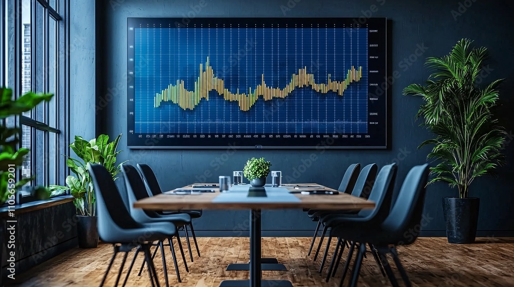 Poster A modern conference room with a large digital screen showcasing AI-driven decision-making tools Stock Photo with side copy space