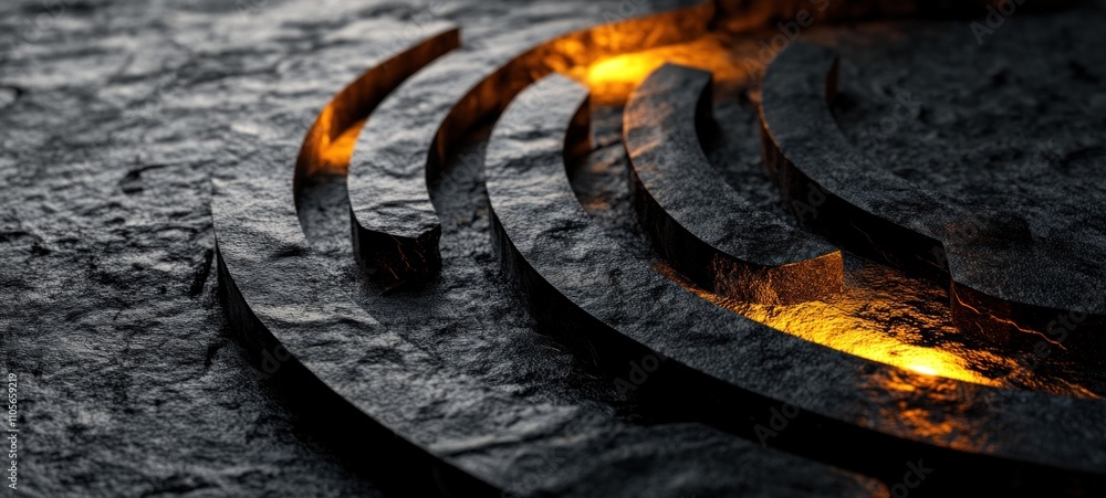 Poster abstract stone maze with glowing interior: a 3d render of a mysterious circular labyrinth