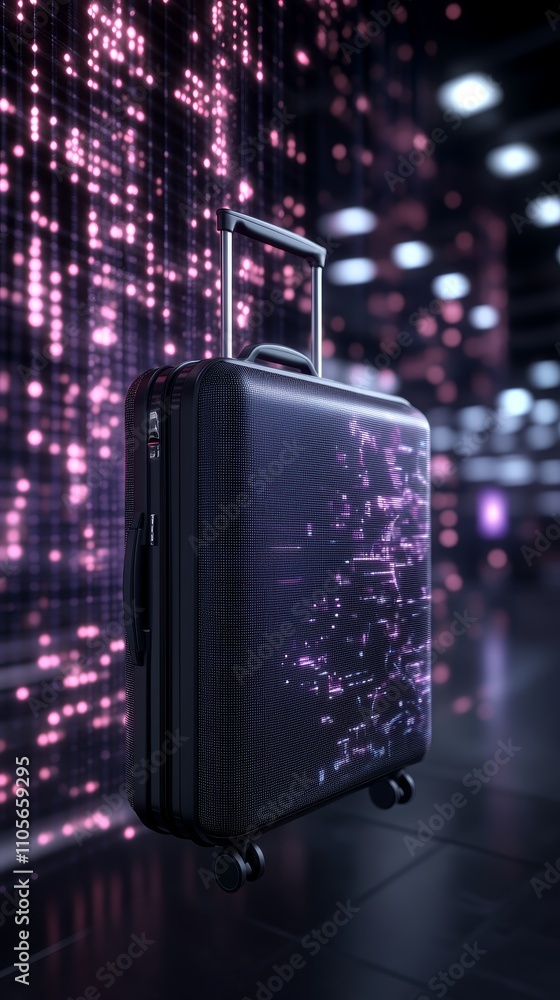Poster a black suitcase with a glowing abstract pattern on it, standing in front of a wall of glowing light