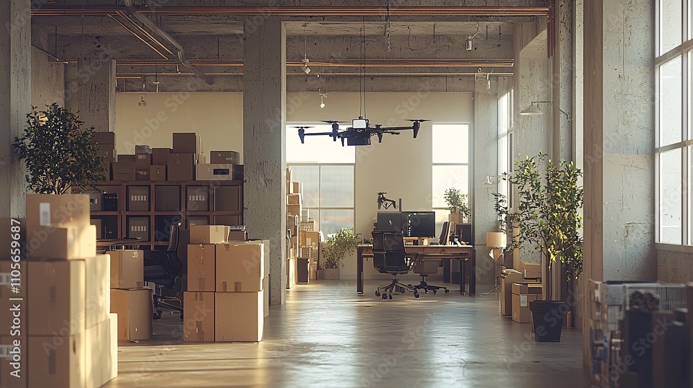 Aufkleber A futuristic office setting with drones delivering documents and AI systems managing workflows Stock Photo with side copy space