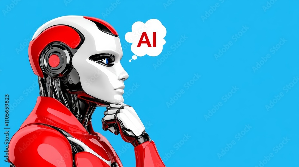 Poster robot is thinking about ai. the robot is wearing a red and white outfit. the robot is looking to the