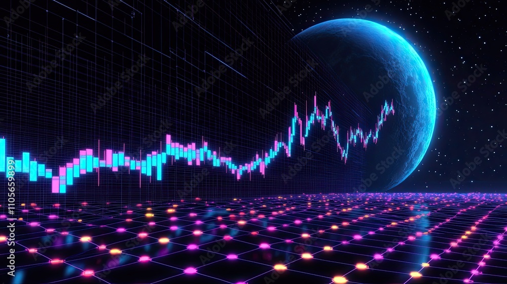 Poster abstract stock market graph with cosmic background and celestial elements