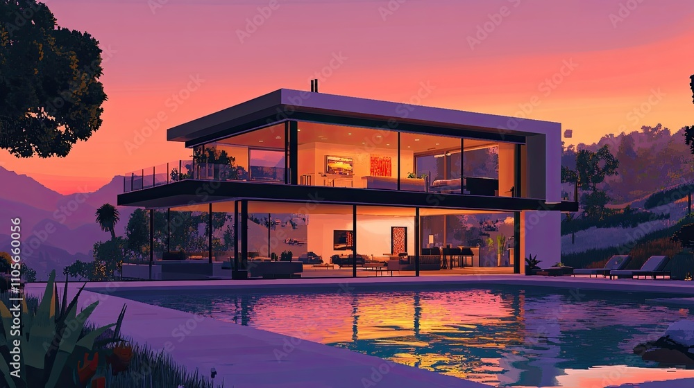 Poster modern architect design of house with sunset reflection in pool