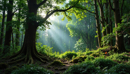 Obraz premium Sunlight streaming through trees in lush green forest