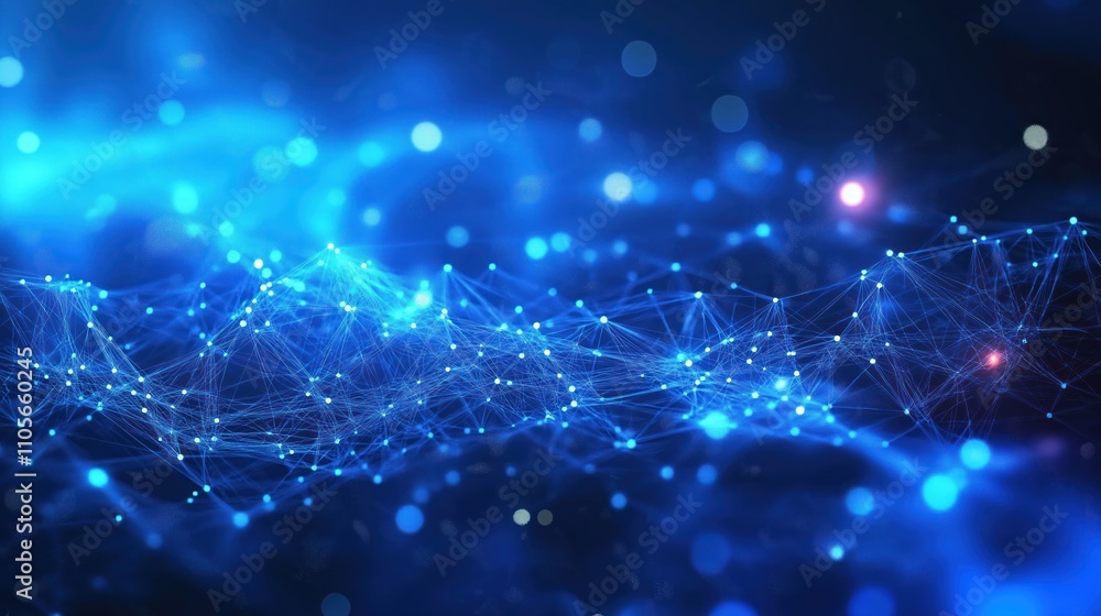 Poster abstract tech background with blue glowing particles, lines. intricate network pattern creates visua