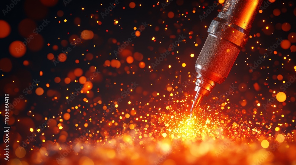 Poster a close-up of a drill bit creating sparks as it drills into a metal surface.