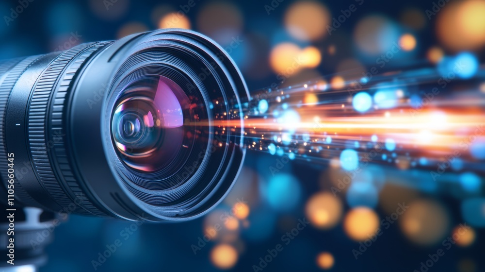 Poster a close-up of a camera lens with digital data streaming out of it.