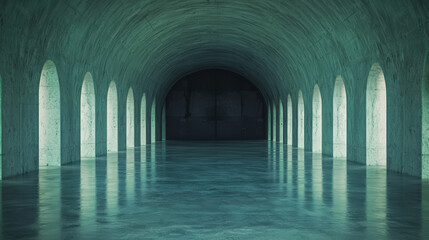 Fototapeta premium massive underground chamber with arched windows and reflective floor creates serene atmosphere. cool tones and smooth surfaces evoke sense of tranquility and spaciousness
