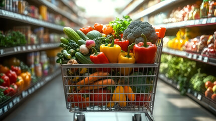Shopping trolley filled with various fruits and vegetables in supermarket