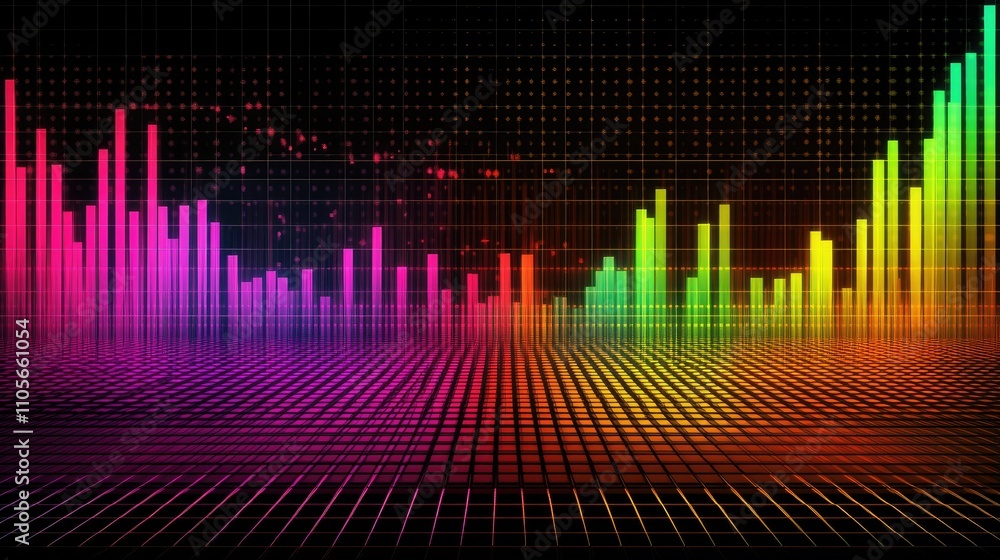 Poster colorful sound wave visualization with grid background and gradients