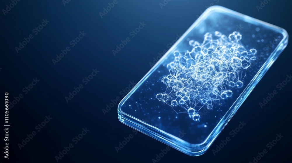 Poster a digital network of connections represented by glowing white lines and dots on a smartphone screen.