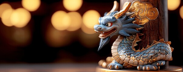 Fototapeta premium A detailed dragon sculpture with intricate designs, set against a softly blurred background of warm lights, creating a mystical ambiance.