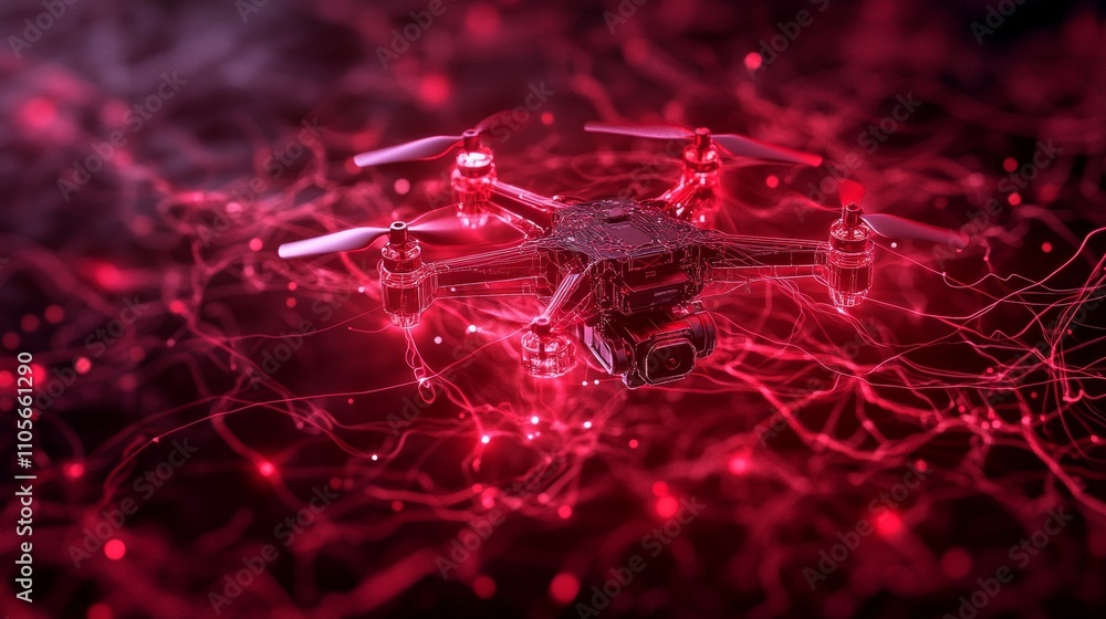 Poster a drone in a red light, with glowing lines and dots in the background.