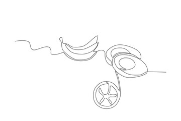 Single continuous line drawing of Bananas, eggs and oranges. Dynamic single line draw design graphic vector illustration.
