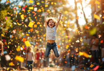 kid wearing white t-shirt celebrating surrounded by confetti with people in the background