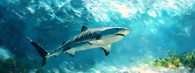 Naklejka premium A tiger shark swimming in the ocean, lies on white sand with sea plants and corals