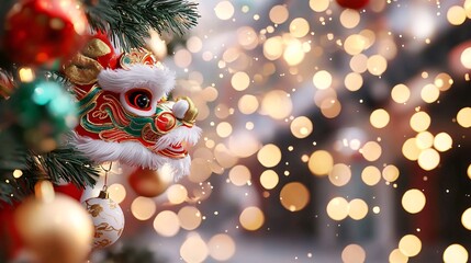 Obraz premium A festive Christmas tree adorned with colorful ornaments and a decorative mask, set against a backdrop of twinkling lights.