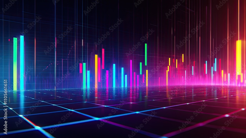 Poster vibrant stock market data visualization with colorful bar graphs