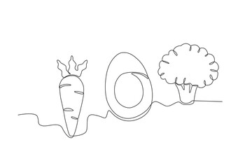Single continuous line drawing of Carrots, avocado and broccoli. Dynamic single line draw design graphic vector illustration.
