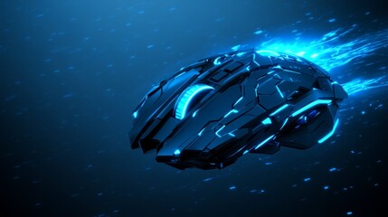 A futuristic spaceship with glowing blue lights, traveling at high speed through a dark blue space.