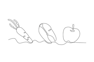 Single continuous line drawing of Carrots, fish and apples. Dynamic single line draw design graphic vector illustration.
