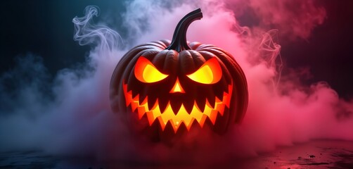 Fototapeta premium Scary jack-o-lantern pumpkin in dark night scene with colorful smoke, neon light. Halloween spooky decoration. Copy space. Scary pumpkin face. Luminous face with glowing eyes, mouth. Halloween