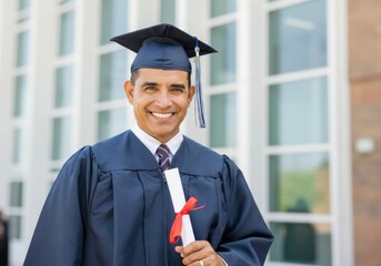 Hispanic male graduate smiling in cap and gown holding diploma