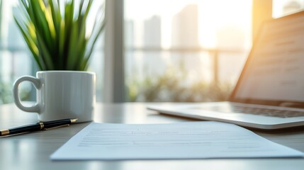 Open laptop on property loan application form, closeup on screen, coffee mug and pen nearby, organized desk, soft morning light