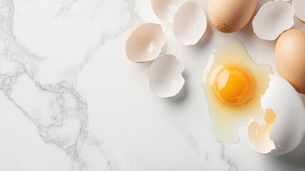 Cracked egg with yolk spilling out surrounded by empty eggshells, symbolizing food safety recall on clean white surface.