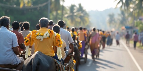 Festive procession of people on carts and animals down a sunlit road.