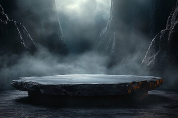A mystical floating stone platform amidst foggy mountains, perfect for fantasy designs, product launches, events, and promotional material during Halloween or immersive experiences.