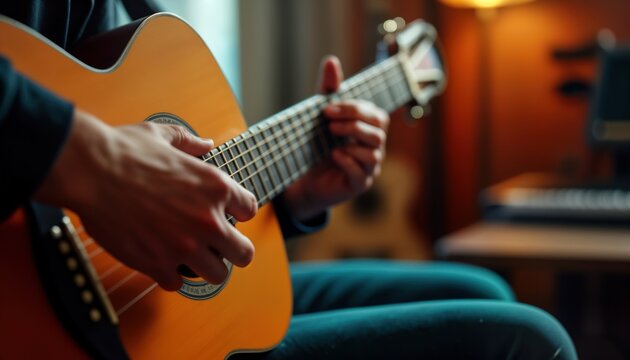 Close-up view of hands playing acoustic guitar. Person plays instrument in dimly lit room. Musical instruments blurred in background. Focus on hands, guitar strings. Practice performance in music