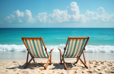 Empty beach chairs on sandy shore in front of turquoise ocean under sunny sky. Vacation scene. Relaxing, calm atmosphere. Perfect summer day. Ideal place for rest, leisure. Tourists enjoy travel,
