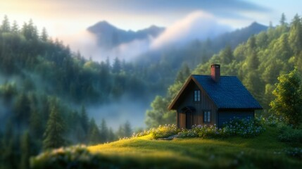 Fototapeta premium A serene wooden cabin nestled in lush greenery and misty mountains, perfect for nature retreats, travel brochures, or home landscaping designs, It evokes tranquility and rustic charm,