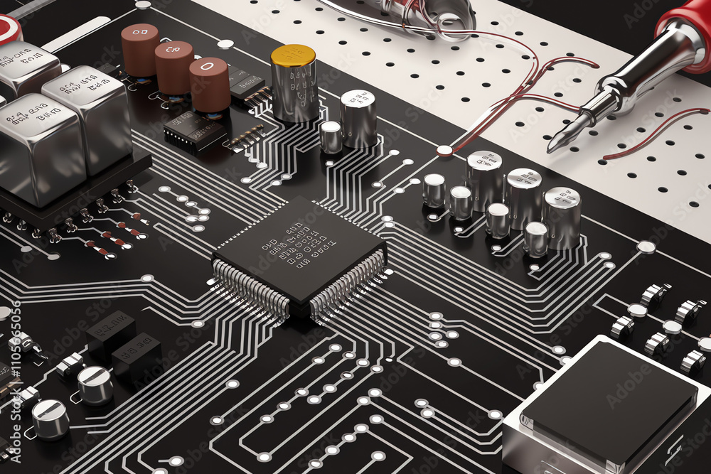 Poster close-up view of a modern circuit board featuring intricate electronic components and soldering tool